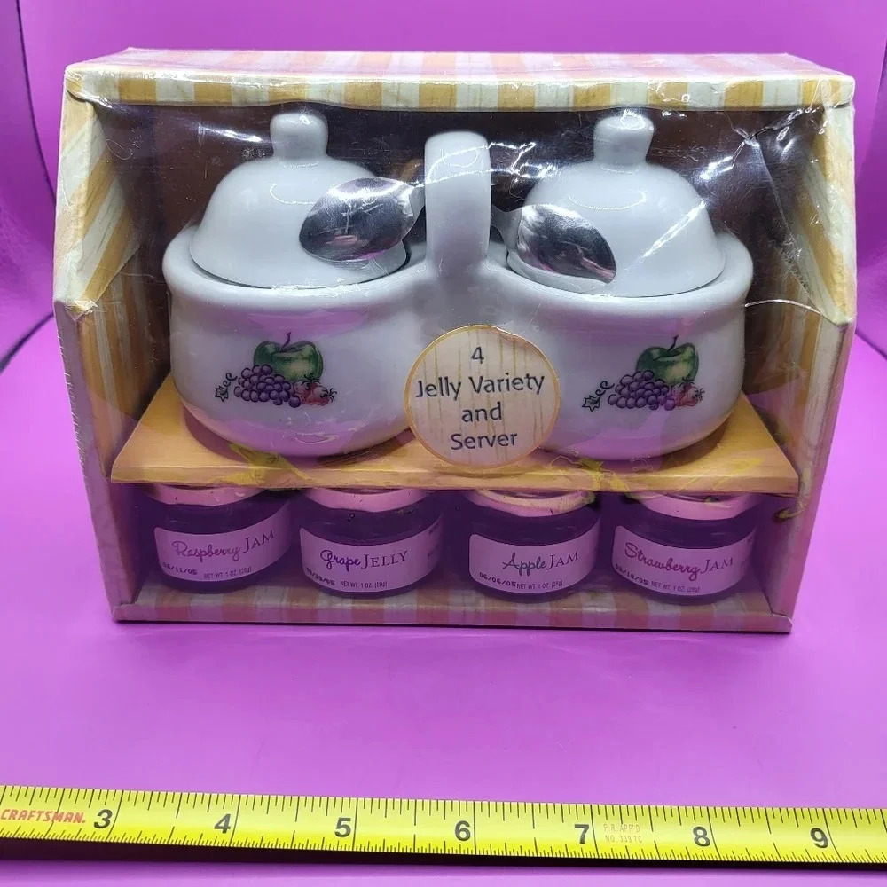 Sealed Vintage Houston Harvest Ceramic Dual Jam Jelly Server Set Spoons 2005
